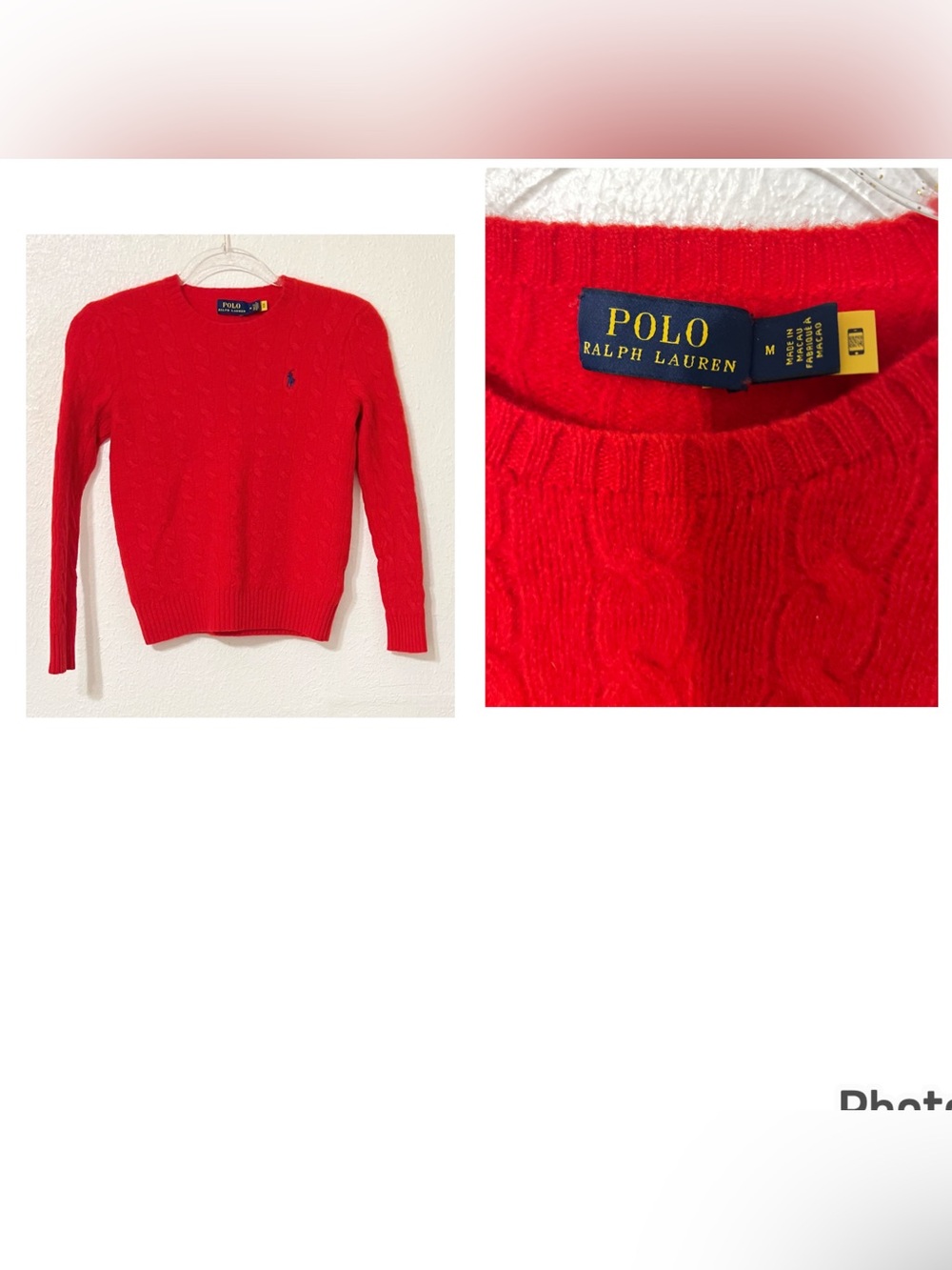 Polo by Ralph Lauren Bright Red Cable Knit Crewneck Sweater Christmas Holiday